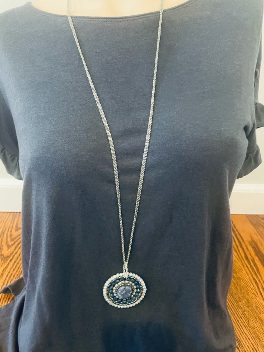 Long Silver Necklace with Blue Beaded Pendant